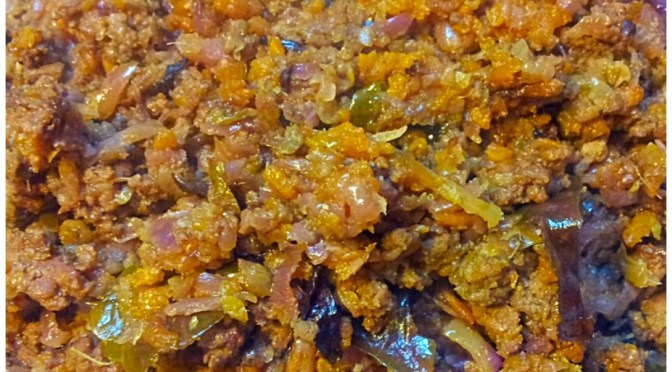 Caramalized vegetables and beef mince.