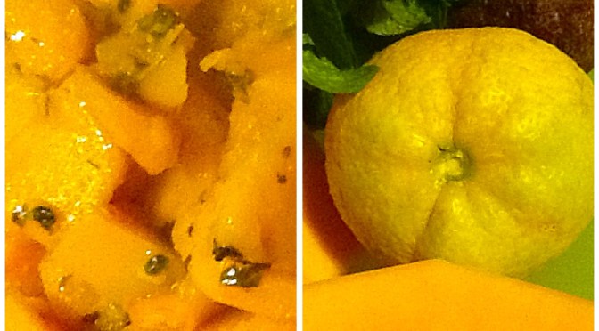 Baked pumpkin with passionfruit, mint, lime and coconut